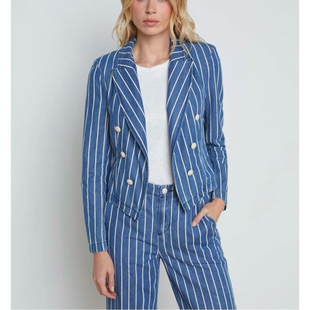 L'AGENCE Wayne Blue White Stripe Denim Crop Double Breasted Blazer Jacket Size S